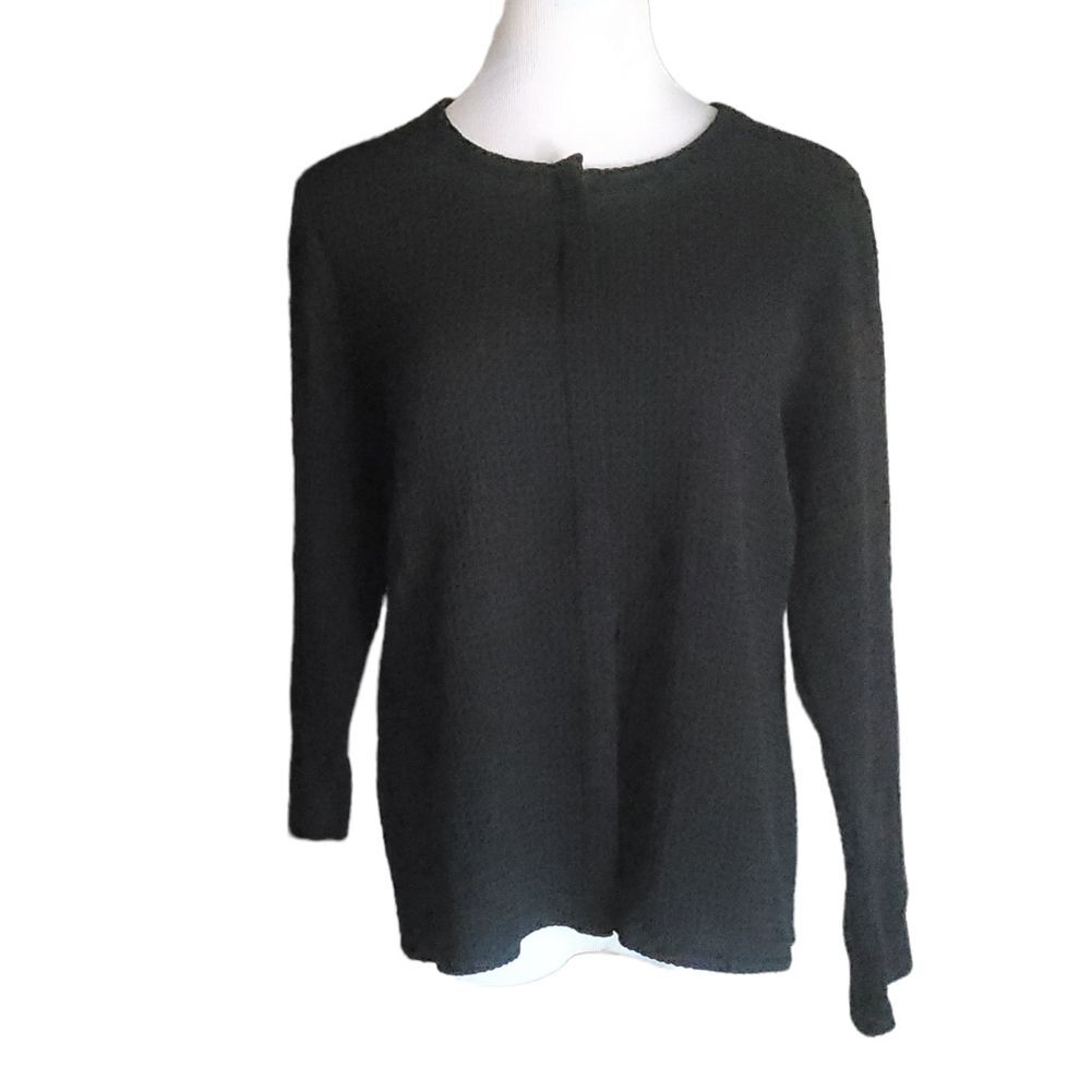 Eileen Fisher Waffle Gauze Fabric Snap Front Black Cardigan Large
